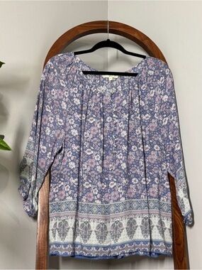 Cynthia Rowley 1X Blue Lavender Boho Floral Long Sleeve Blouse